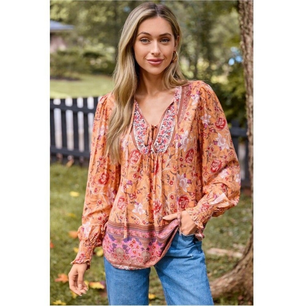 Cupshe Women's Floral Boho Tie Neck Long Sleeve Blouse Top 100% Rayon NWT Large